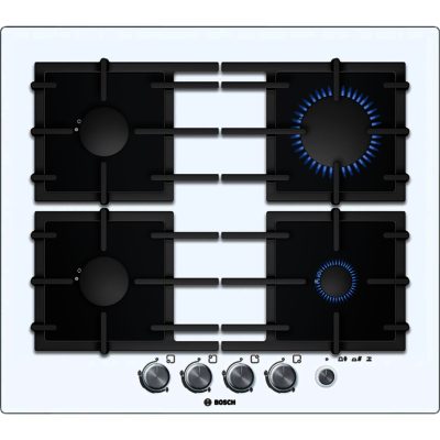 Bosch Exxcel PPP612M91E 60cm Gas Hob in White Glass with Stainless Steel Trim Bosch Exxcel PPP612M91E 60cm Gas Hob in White Glass with Stainless Steel Trim